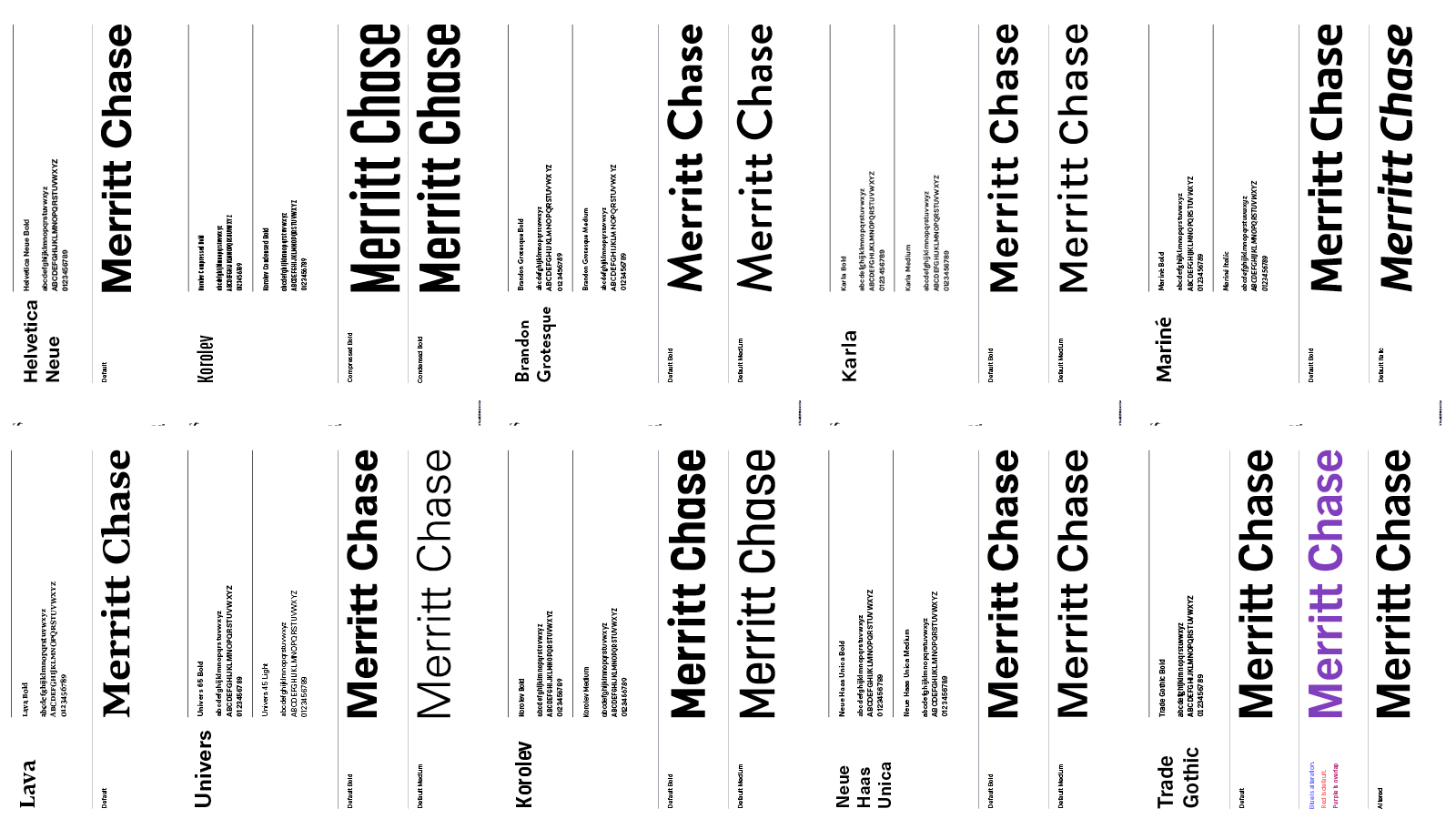 An image with a white background and a large number different versions of a wordmark. Process of selecting a typeface. Wordmark says Merritt Chase. Made in Adobe Illustrator